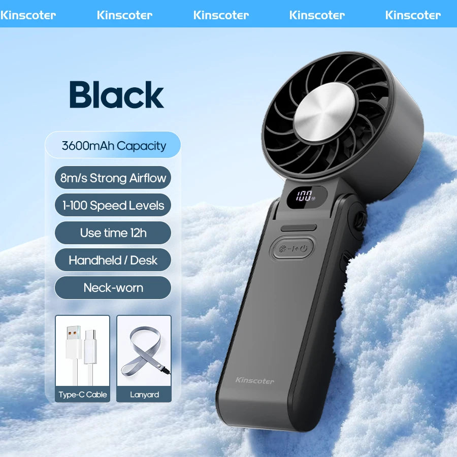 New Cooling Handheld Fan 3600Mah Foldable Portable Fan 100-Level Free Control High Speed Mini Personal Fan W/ Lanyard