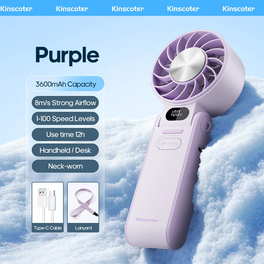 New Cooling Handheld Fan 3600Mah Foldable Portable Fan 100-Level Free Control High Speed Mini Personal Fan W/ Lanyard