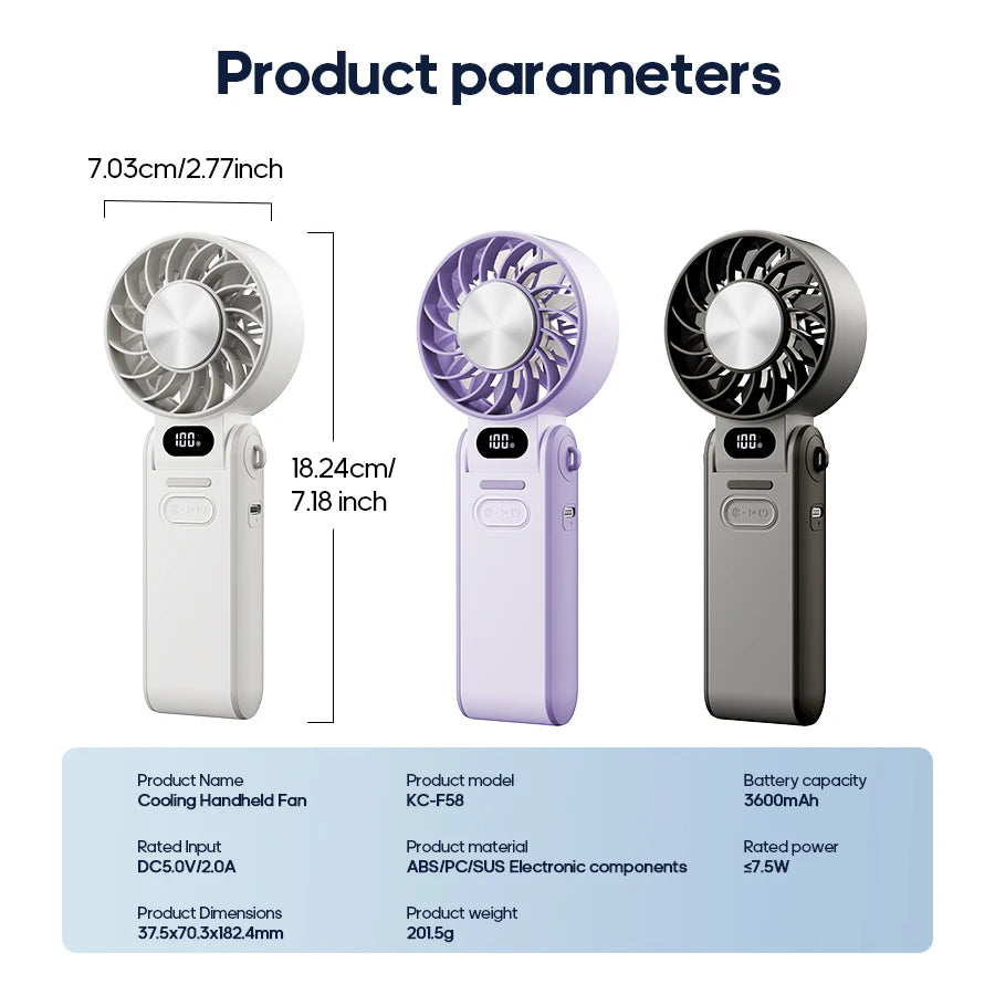 New Cooling Handheld Fan 3600Mah Foldable Portable Fan 100-Level Free Control High Speed Mini Personal Fan W/ Lanyard