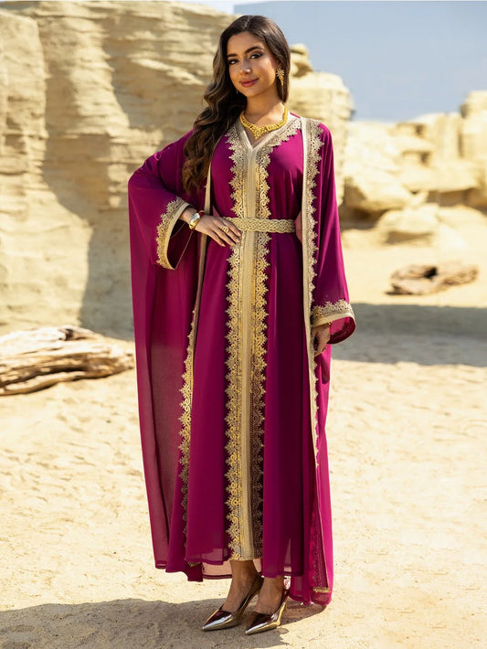 Eid Women Abaya Dress Muslim 2 Piece Set Cardigan with Inner Dress Lace-Up Robe Caftan Robe Jalabiya Ramadan Morocco Kaftan 2025