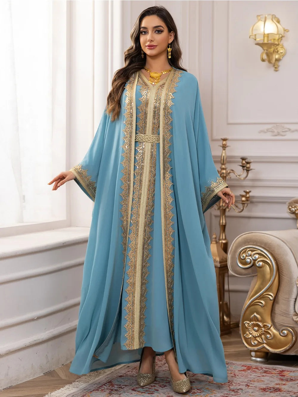 Eid Women Abaya Dress Muslim 2 Piece Set Cardigan with Inner Dress Lace-Up Robe Caftan Robe Jalabiya Ramadan Morocco Kaftan 2025