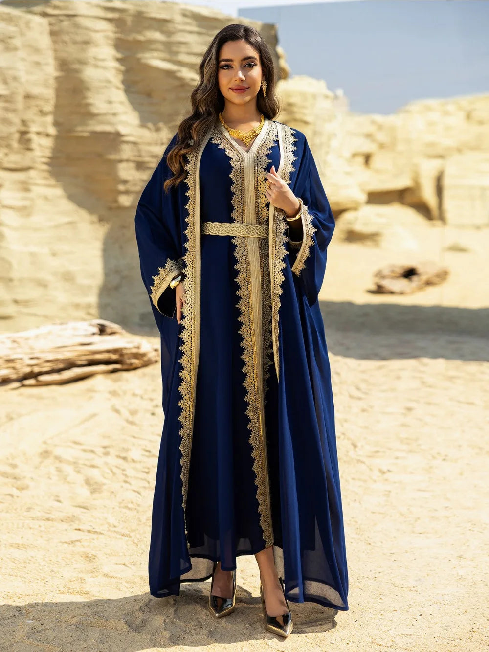 Eid Women Abaya Dress Muslim 2 Piece Set Cardigan with Inner Dress Lace-Up Robe Caftan Robe Jalabiya Ramadan Morocco Kaftan 2025
