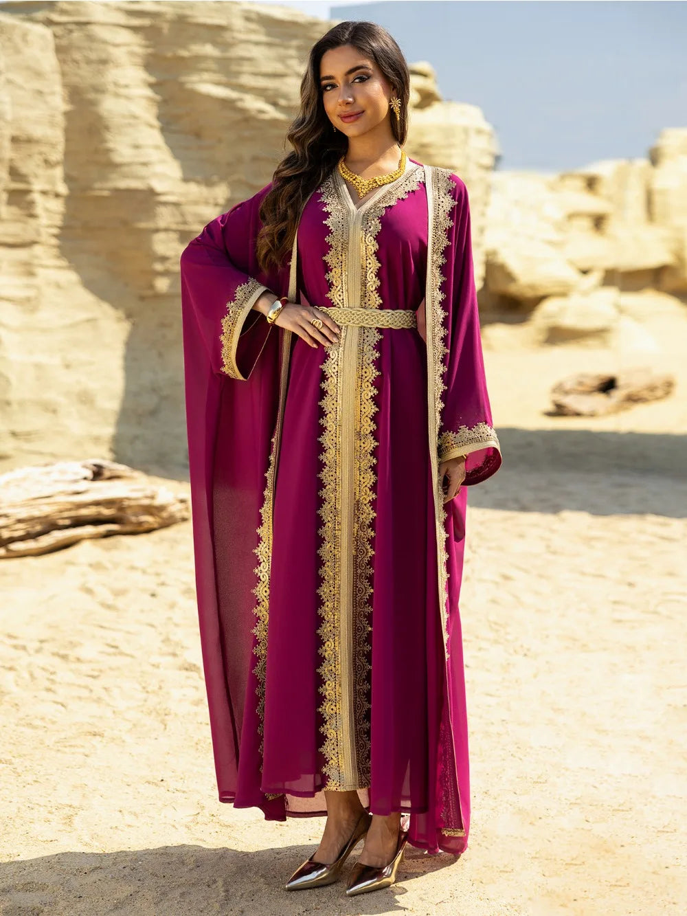 Eid Women Abaya Dress Muslim 2 Piece Set Cardigan with Inner Dress Lace-Up Robe Caftan Robe Jalabiya Ramadan Morocco Kaftan 2025